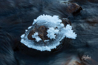 An abstract snow fish - made of rock and frozen snow - is swimming against the current in Yosemite National Park, CA.