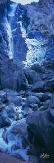 An early morning "blue" image of the frozen Bridalveil Falls in Yosemite.