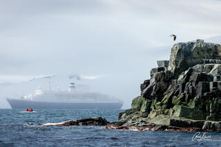 A foggy day on Half Moon Island with the iconic cruise ship MS Marco Polo as its transporting guests from ashore back to the ship in Antarctica
