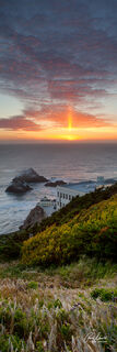 A panoramic view at sunset of the Cliff House and Seal Rock from ﻿View from Sutro Heights ﻿in San Francisco, California