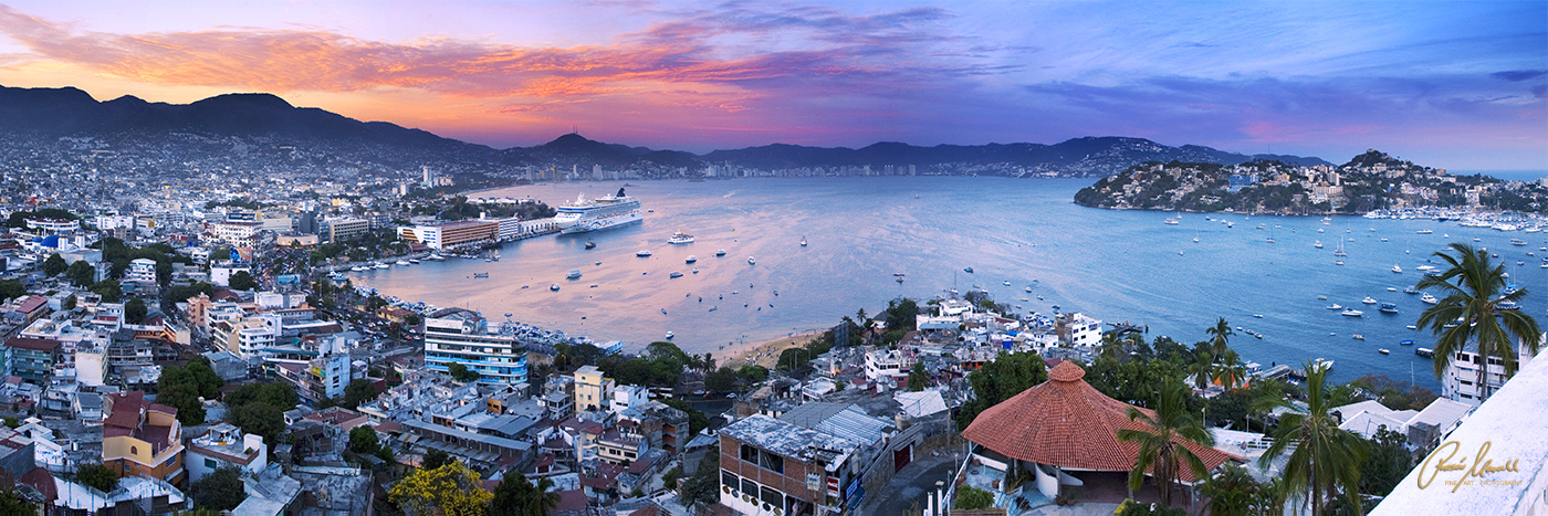 ﻿The captivating panoramic fine art image of Acapulco Bay in Mexico at sunset with cruise ship docked and a magical scene