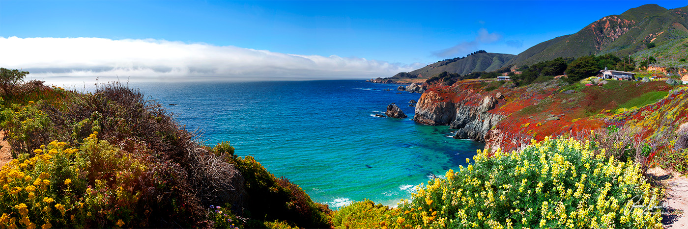 A beautiful panorama of the view along the California Coast on Pacific Coast Highway near Big Sur ﻿in summer﻿